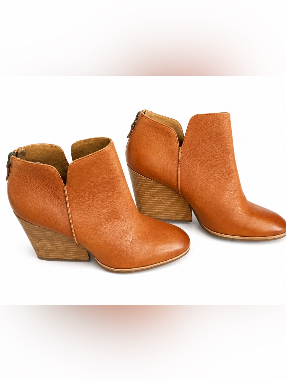 Kork-Ease Cognac Leather Ankle Booties with Stacked Heel NEW